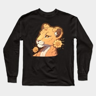 Beauty lioness with yellow flowers Long Sleeve T-Shirt